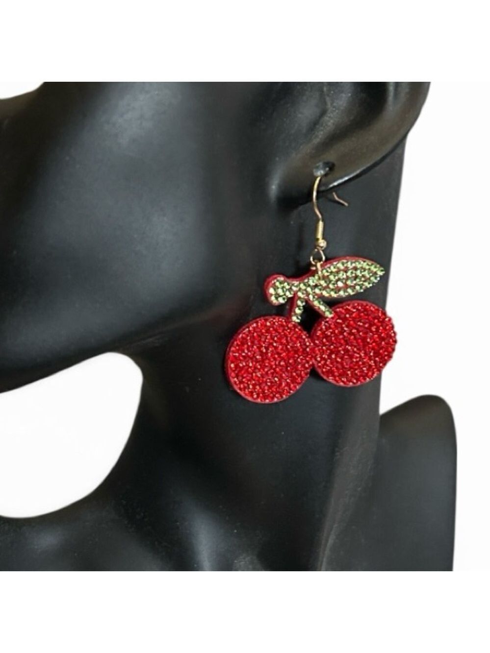 Ruby Red Rhinestone Encrusted Cherry Pierced Earrings - Picture 5 of 5
